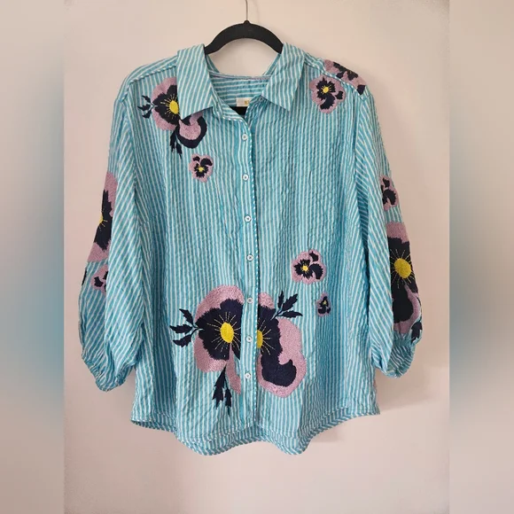 Anthropologie Maeve Floral Embroidered Buttondown Shirt Size XL Preppy - Picture 5 of 14